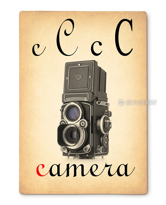 字母C -照相机。老式的字母卡片。